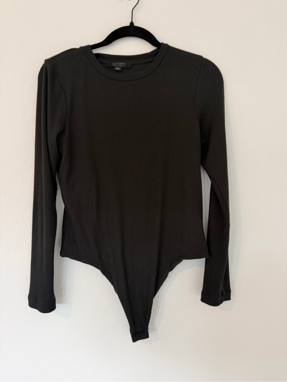 All Saints Black Ribbed Long-Sleeve One-Piece Bodysuit with Back Cut Out